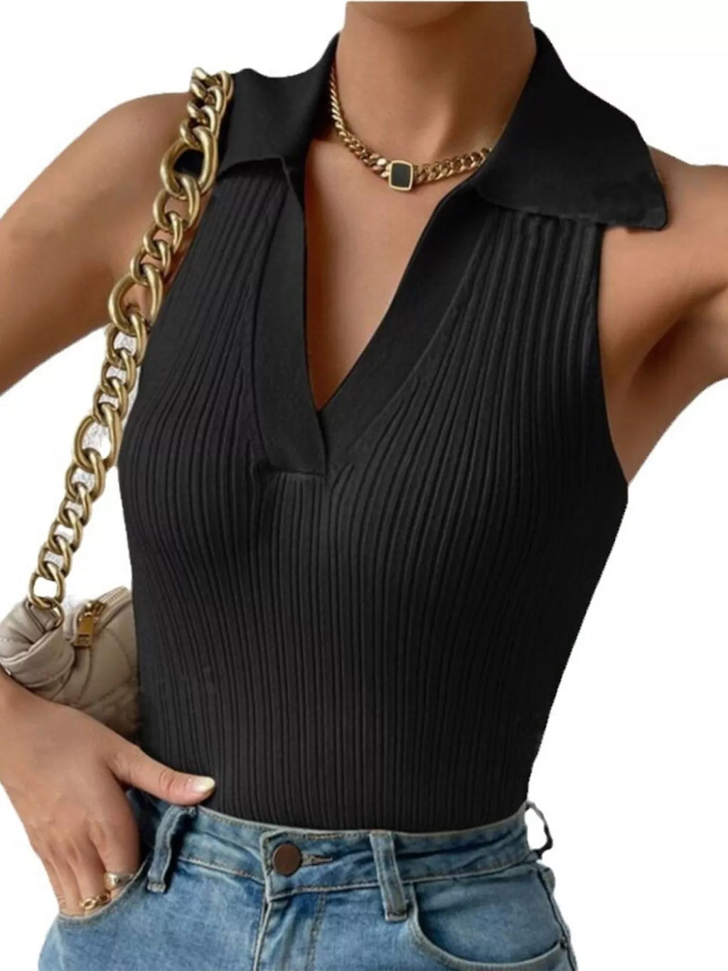 Sarah Express Women's Polo Collar Sleeveless Tank