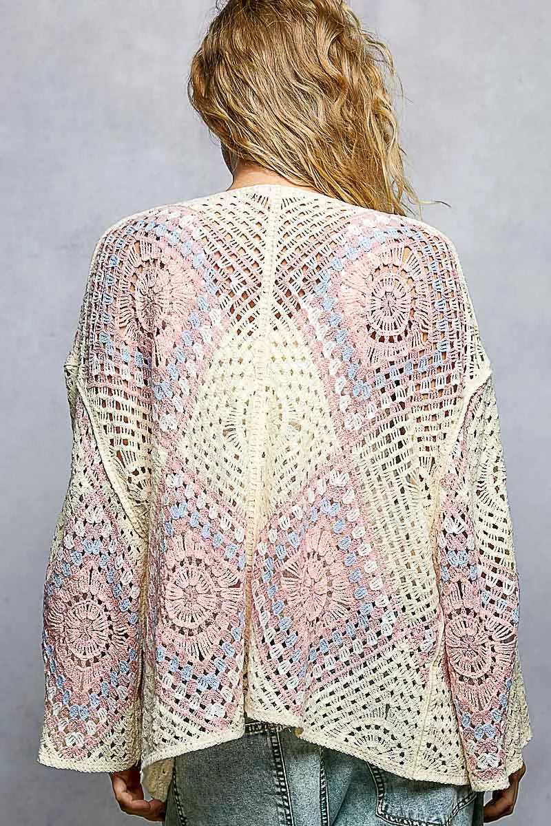 Sarah Express Women's Open Front Crochet Cardigan with Granny Square Pattern