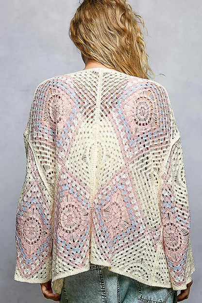Sarah Express Women's Open Front Crochet Cardigan with Granny Square Pattern