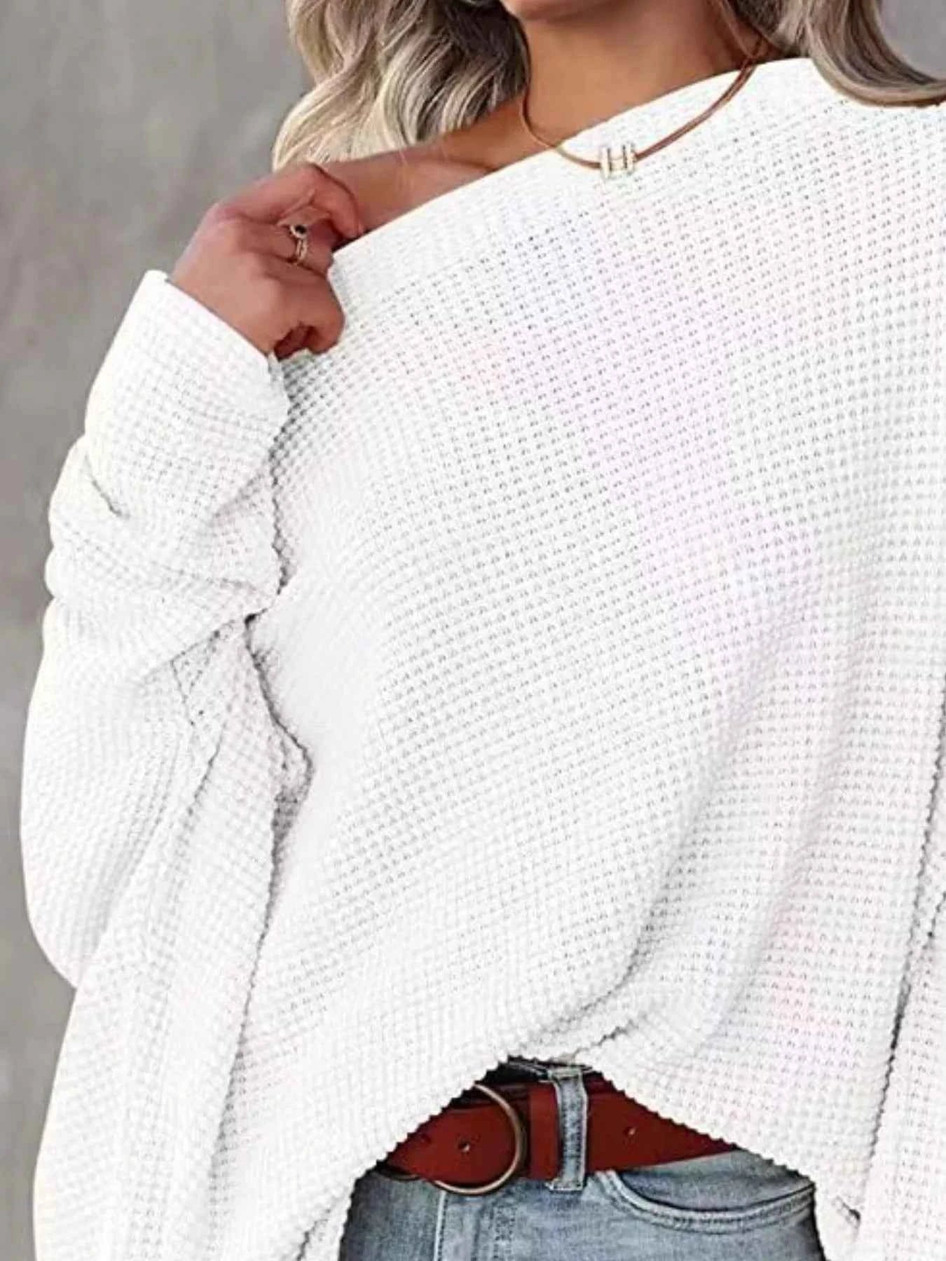 Sarah Express Women's Oversized Waffle Knit Boat Neck T-Shirt White