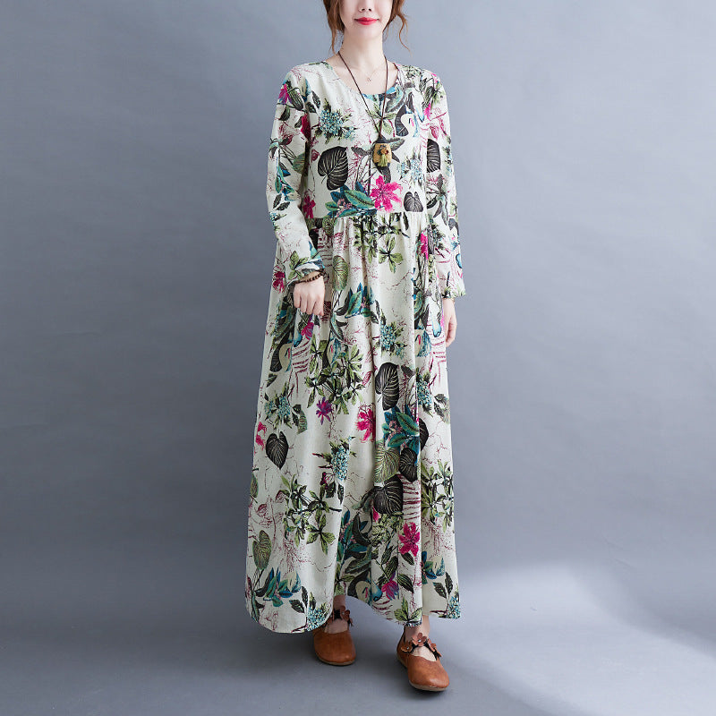 Sarah Express Women's Plus Size Printed Maxi Dress Long Sleeve Cotton Blend Literary Sweet Style