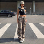 Sarah Express Women's Camo Cargo Pants Y2K - High Waist Baggy Multi-Pocket Hip-Hop Street Style