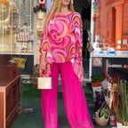 Sarah Express Printed Chiffon Two-Piece Set Round Neck 3/4 Sleeve Top Pants Suit