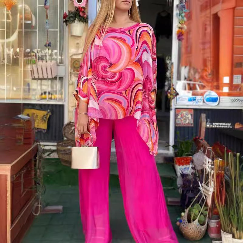 Sarah Express Printed Chiffon Two-Piece Set Round Neck 3/4 Sleeve Top Pants Suit