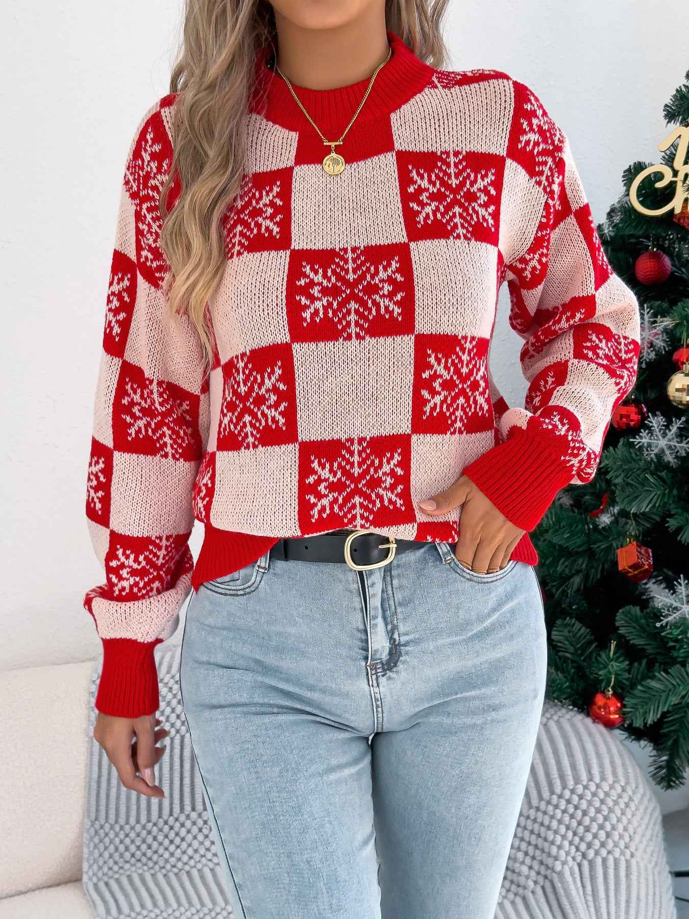 Sarah Express Women's Snowflake Plaid Lantern Sleeve Pullover Sweater - Jacquard Knit