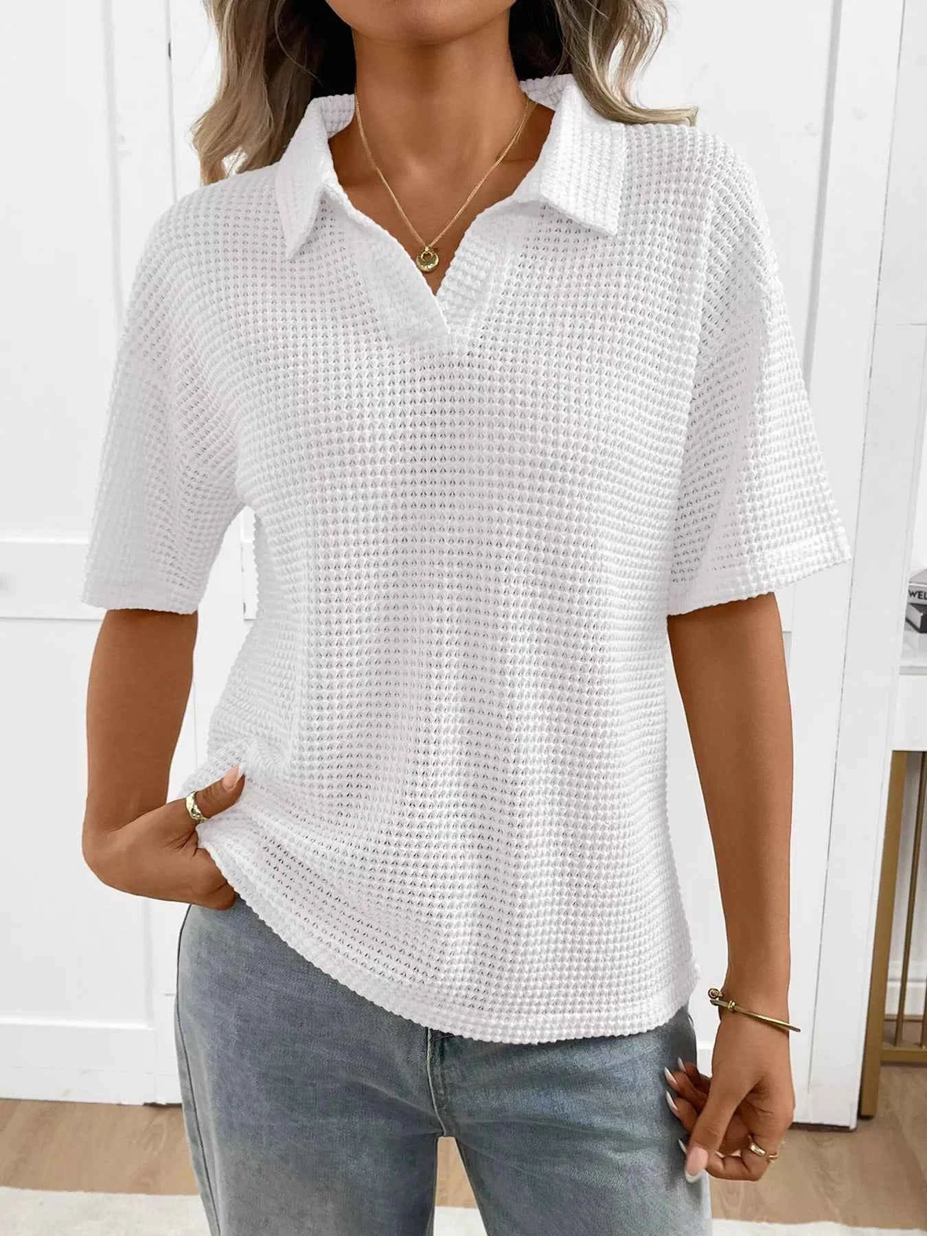 Sarah Express Women's Striped Waffle Knit Short Sleeve Top