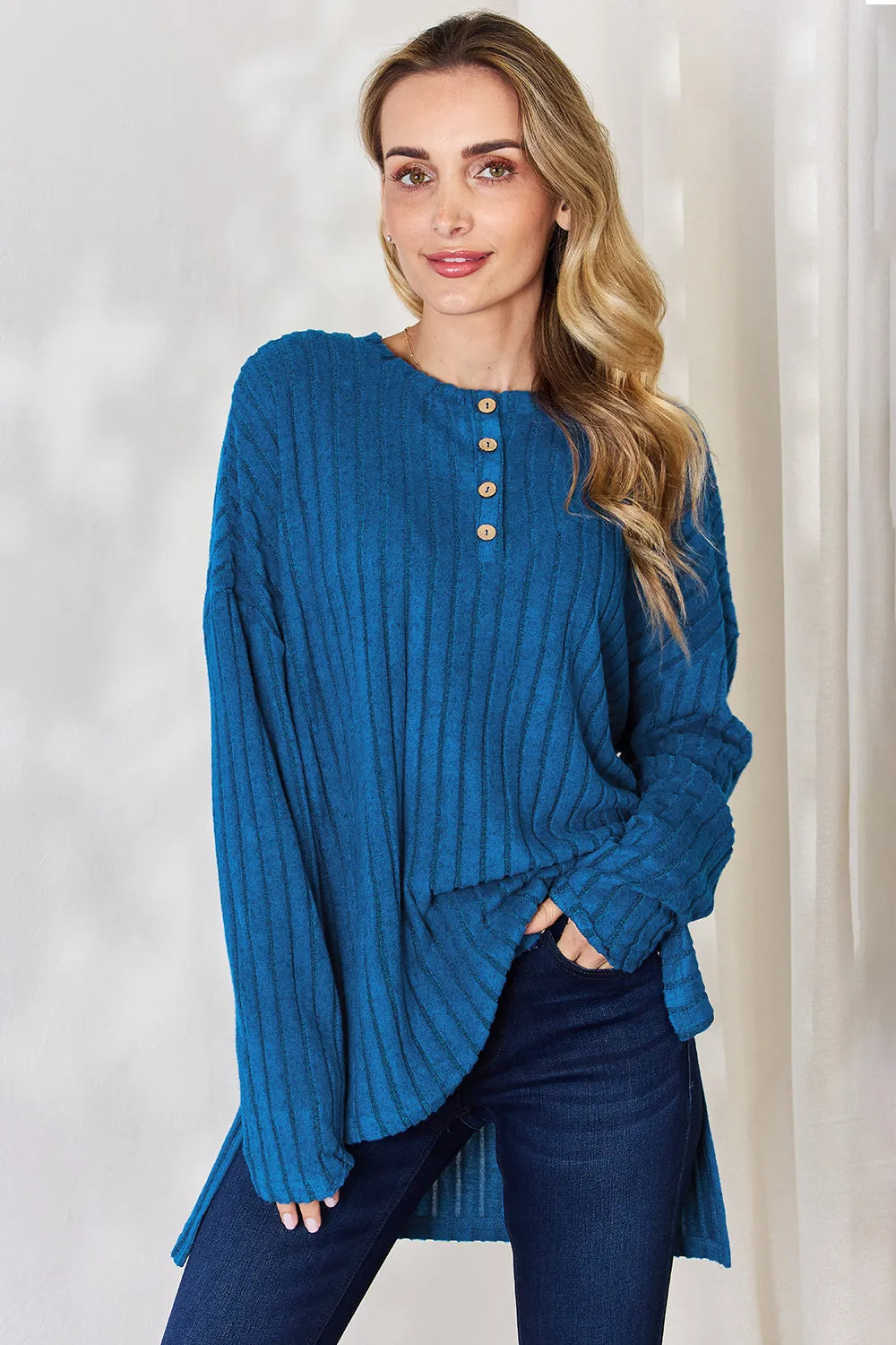 Sarah Express Women's Ribbed Half Button High-Low T-Shirt - Long Sleeve Casual Plus Size Top