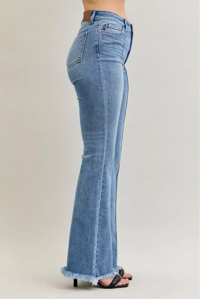 Sarah Express Women’s High Rise Flare Jeans with Fray Hem and Pintuck Detail