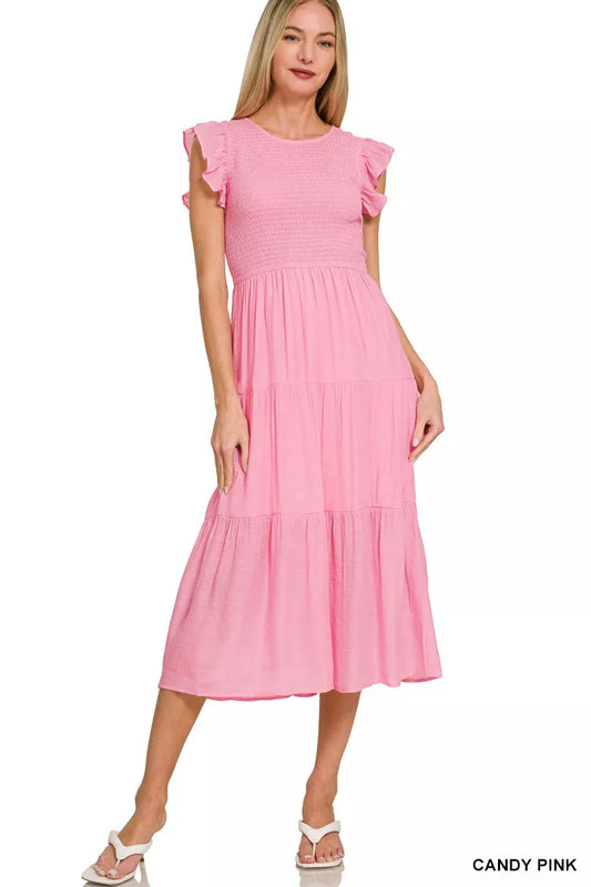 Sarah Express Women's Woven Smocked Ruffle Sleeve Midi Dress CANDY PINK