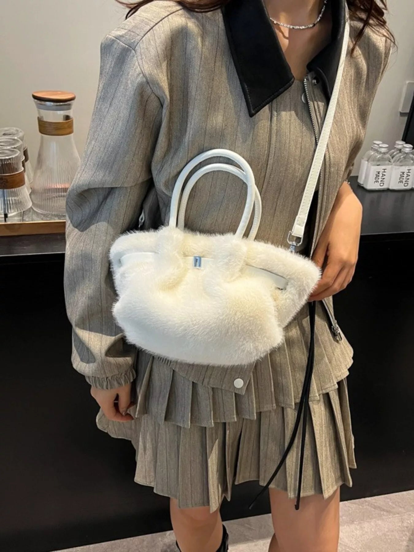 Sarah Express Women's Fluffy Crossbody Bag with Buckle Detail