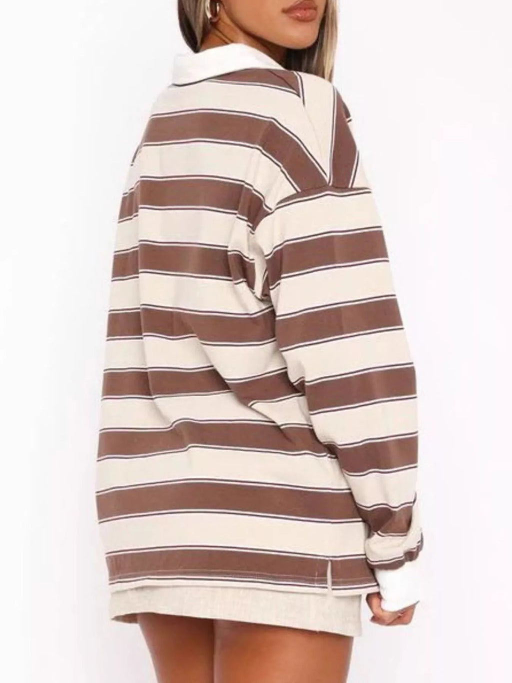 Sarah Express Women's Striped Button Detail Long Sleeve Polo