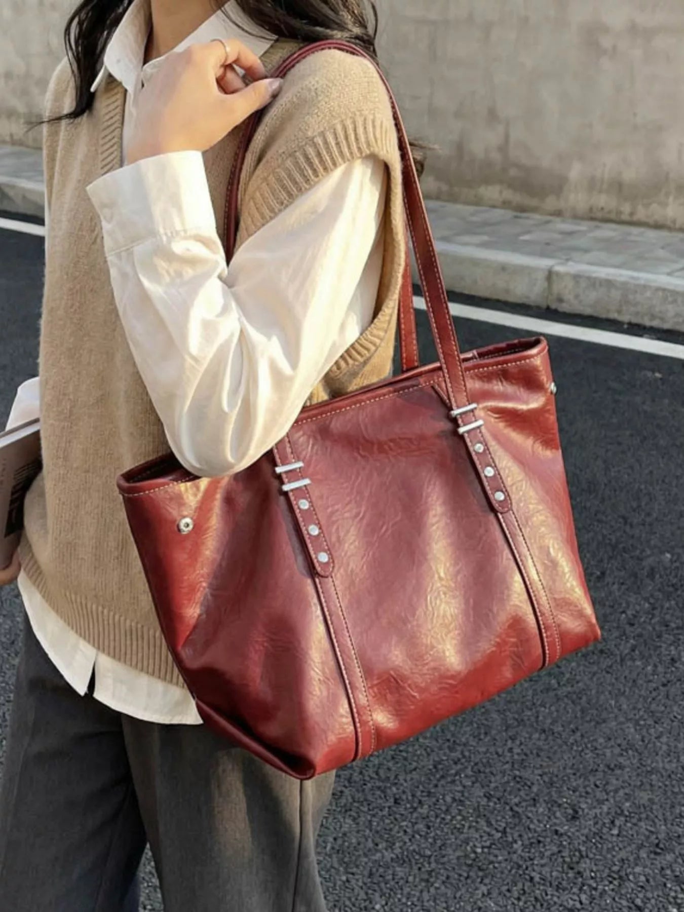 Sarah Express Women's Vintage Large Capacity PU Leather Tote Bag - Classic Shoulder Handbag