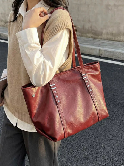 Sarah Express Women's Vintage Large Capacity PU Leather Tote Bag - Classic Shoulder Handbag