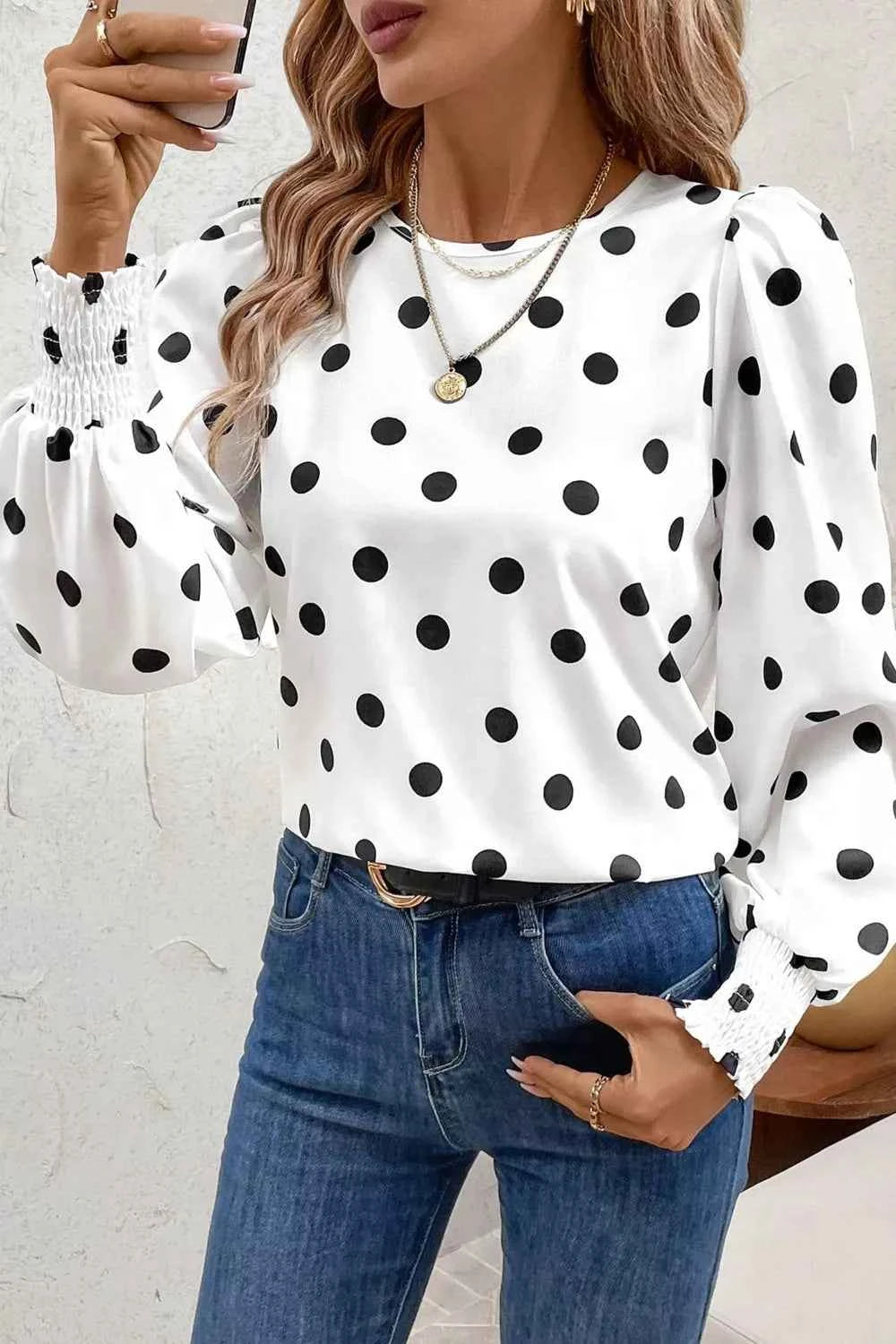 Sarah Express Women's Polka Dot Blouse - Long Sleeve Frilled Round Neck Top White