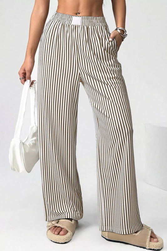 Sarah Express Women's Stripe Elastic High Waist Pocketed Loose Pants Stripe