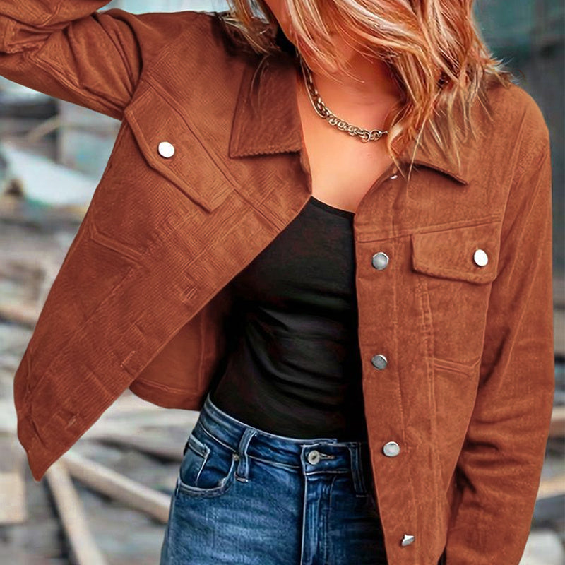 Sarah Express Women's Corduroy Button-Up Jacket Lightweight Fall Spring Outerwear Flap Pockets