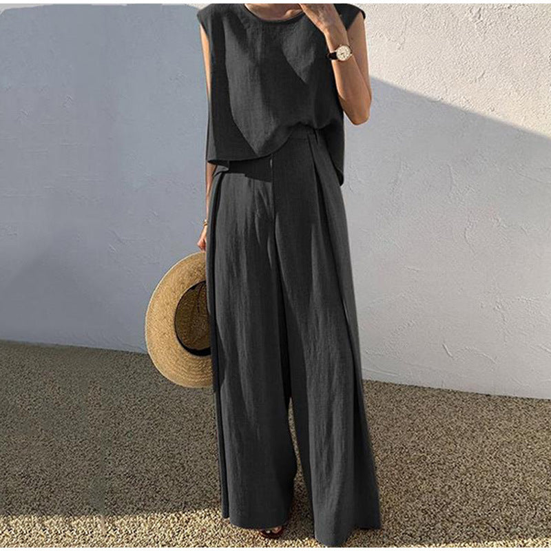 Sarah Express Women's Cotton Linen Two-Piece Set Sleeveless Top Wide Leg Pants Casual