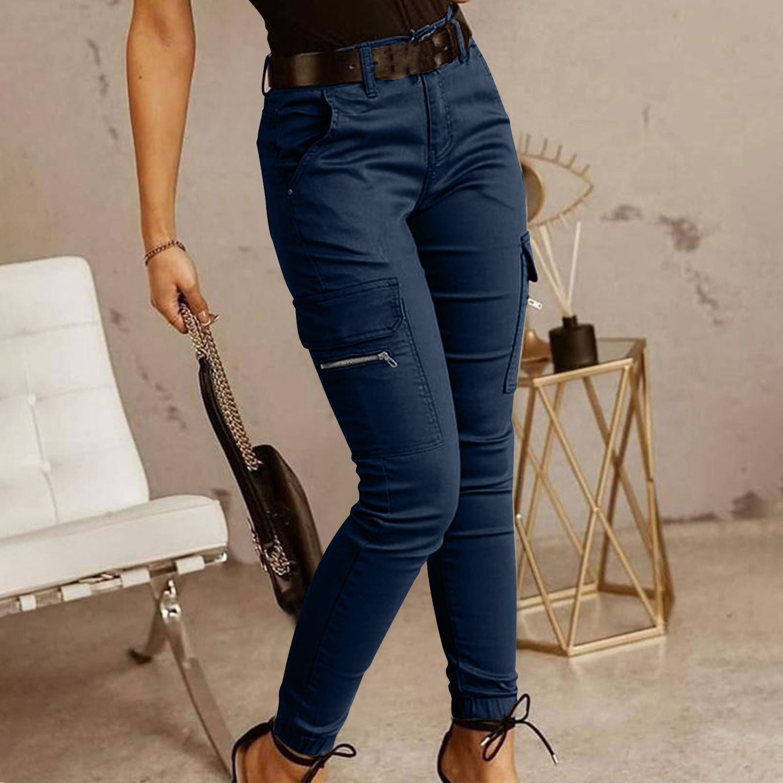 Sarah Express Women's Low Waist Cotton Blend Cargo Overalls Loose Fit Button Detail Trousers