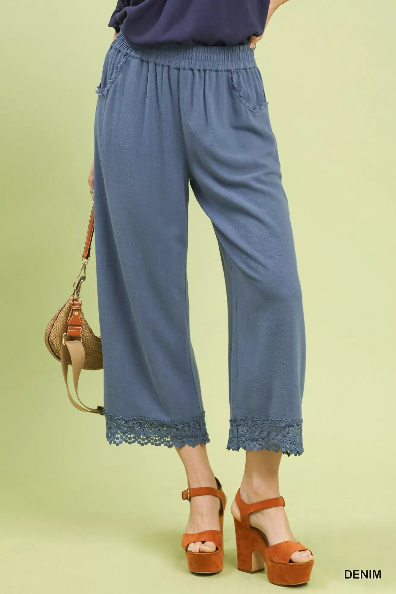 Sarah Express Women's Linen Wide Leg Cropped Pants with Lace Trim - Lightweight Summer Palazzo Pants DENIM