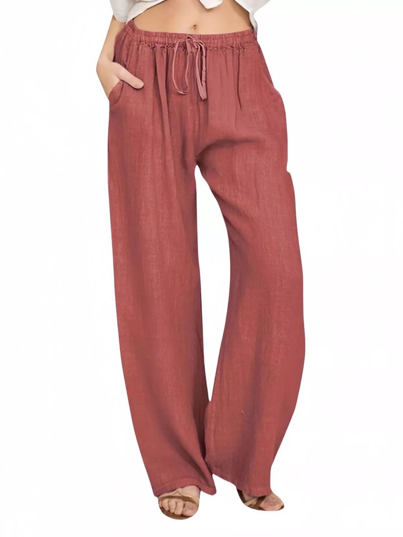 Sarah Express Women's Casual Wide Leg Pants with Drawstring Rouge