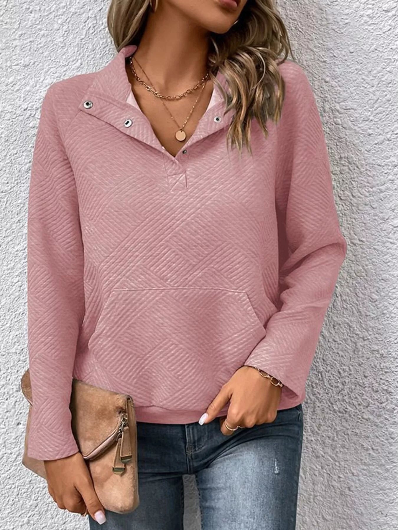 Sarah Express Women's Textured Quarter Snap Sweatshirt Pink