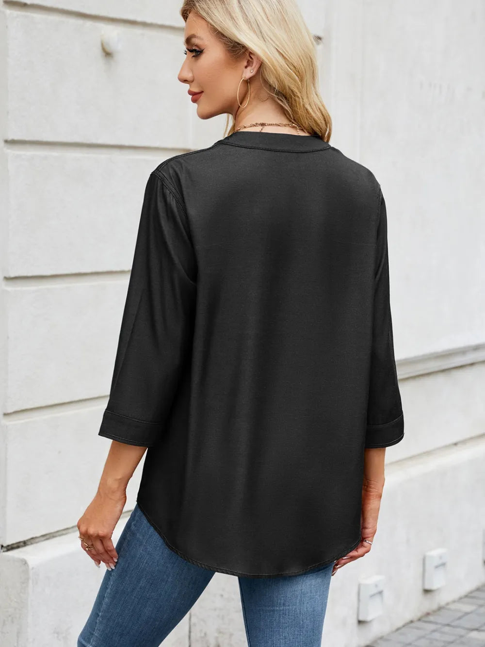 Sarah Express Women's Notched Three-Quarter Sleeve Denim Top