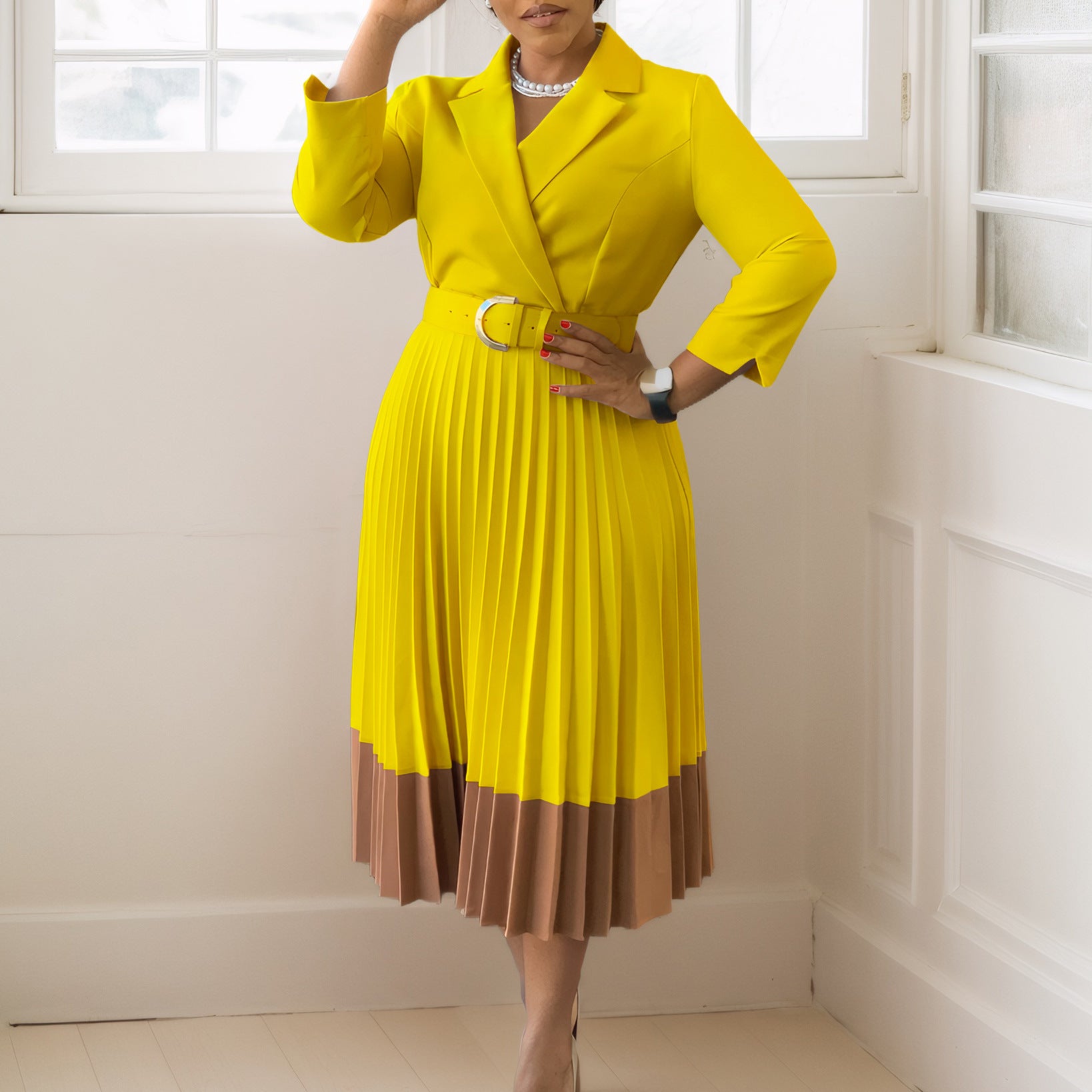 Sarah Express Women's Suit Collar Pleated A-Line Dress with Belt