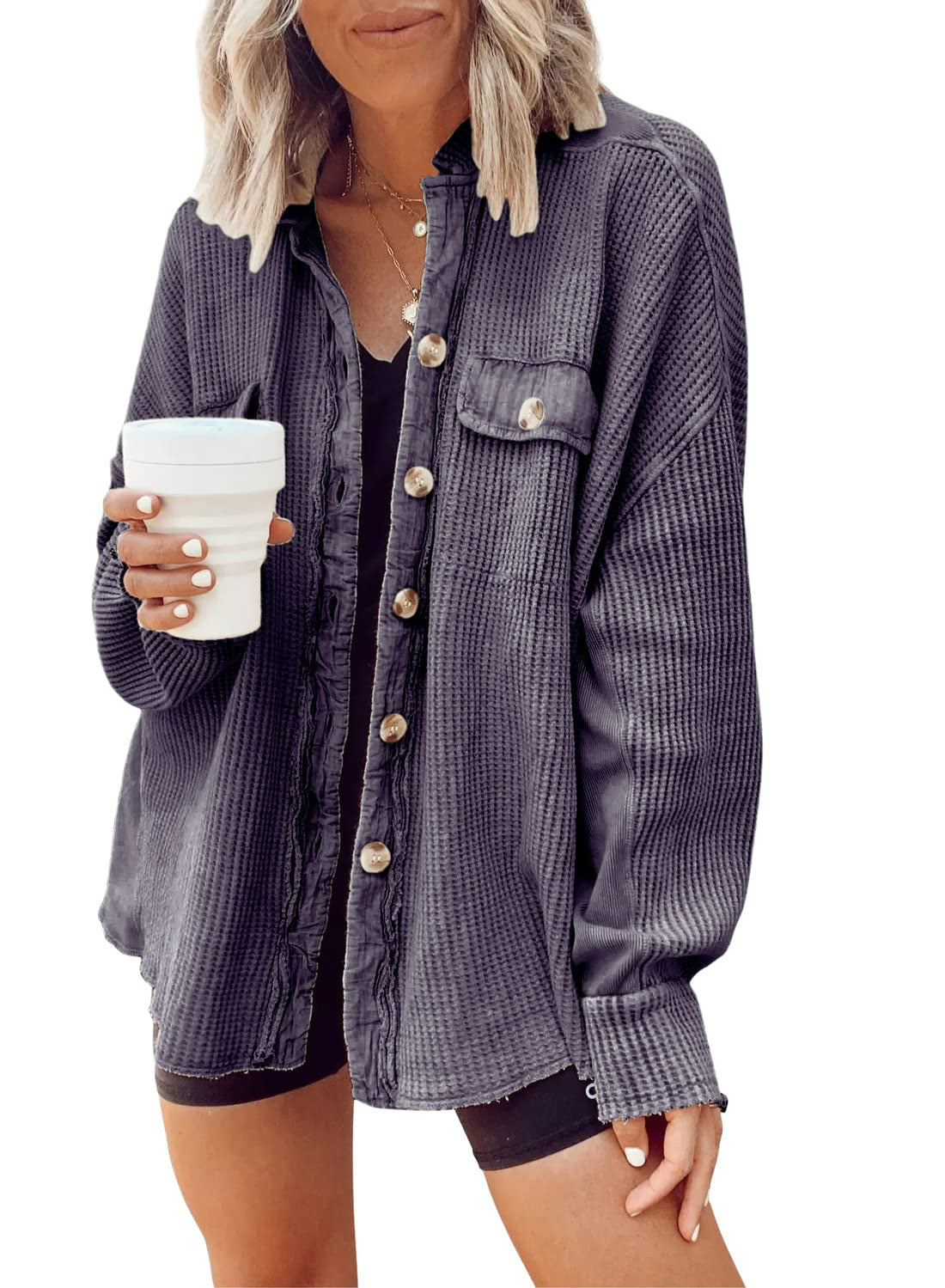 Sarah Express Patchwork Irregular Shirt Jacket Loose Fit Long Sleeve Acrylic Outerwear