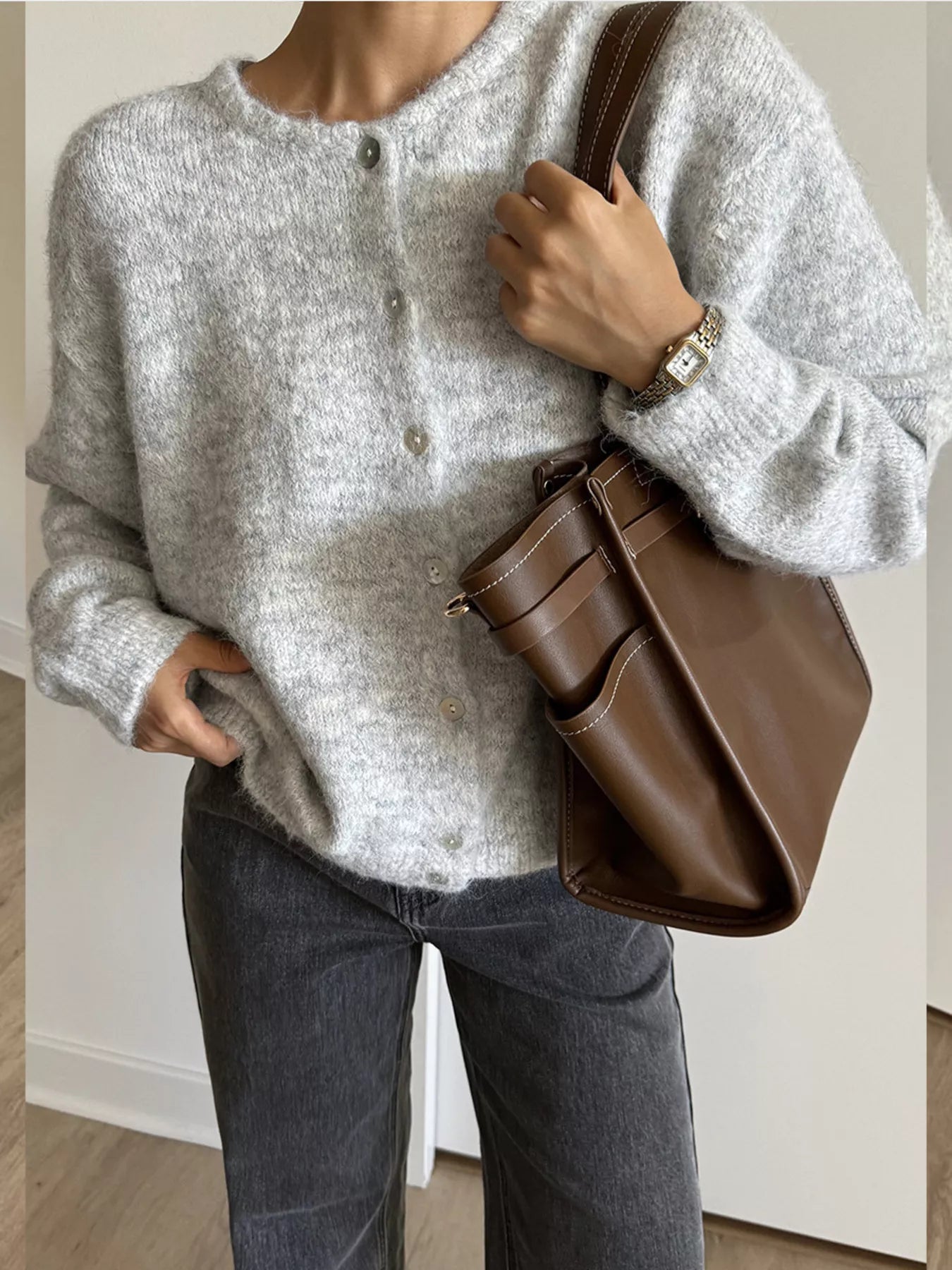 Sarah Express Women's Button Up Long Sleeve Cardigan Gray