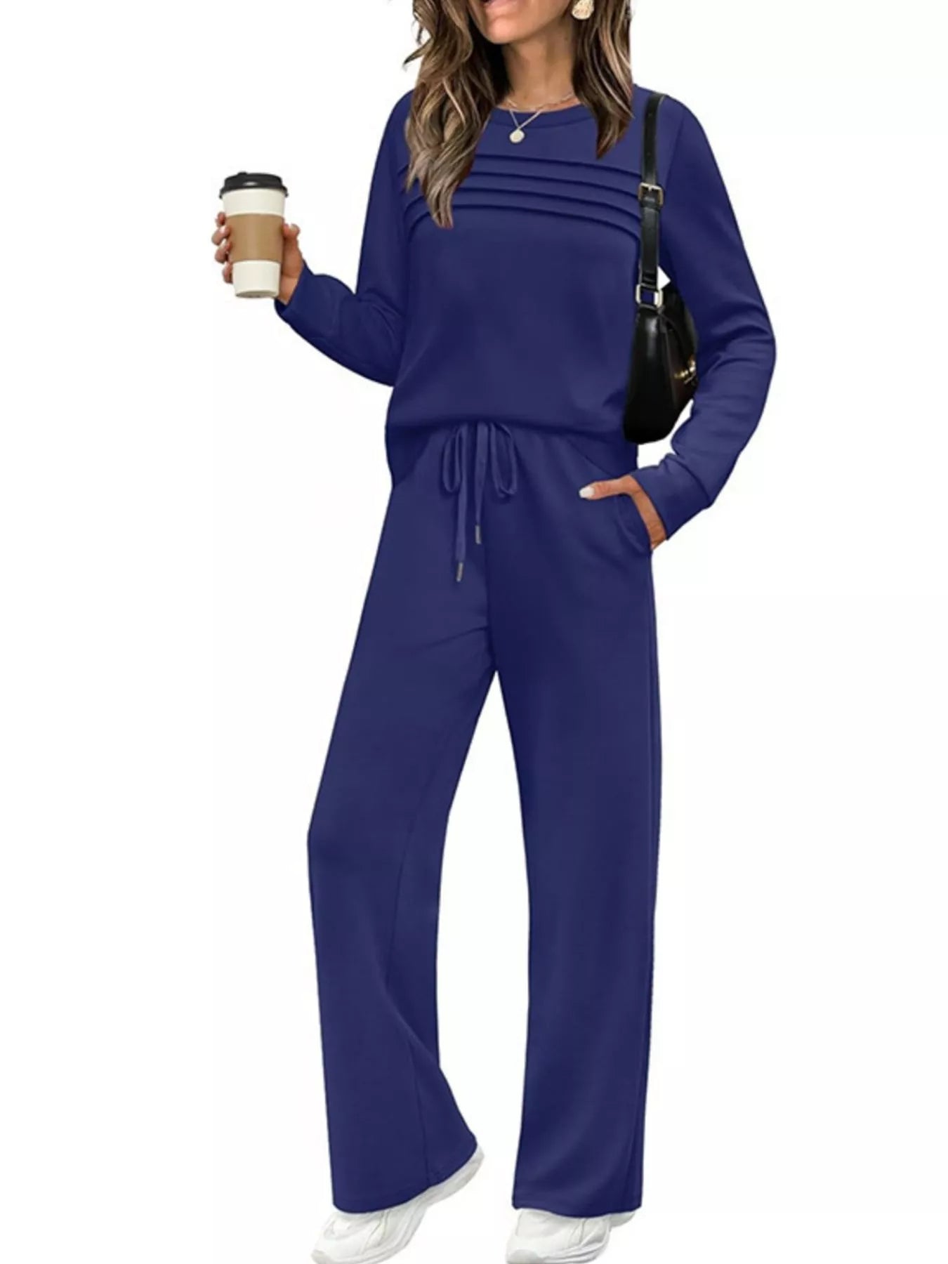 Sarah Express Women's Plus Size Round Neck Long Sleeve Top and Pants Lounge Set - Two Piece Dark Blue
