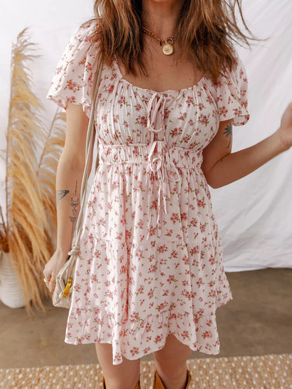 Sarah Express Women's Front Tie Shirred Waist Short Sleeve Ruffled Floral Mini Dress