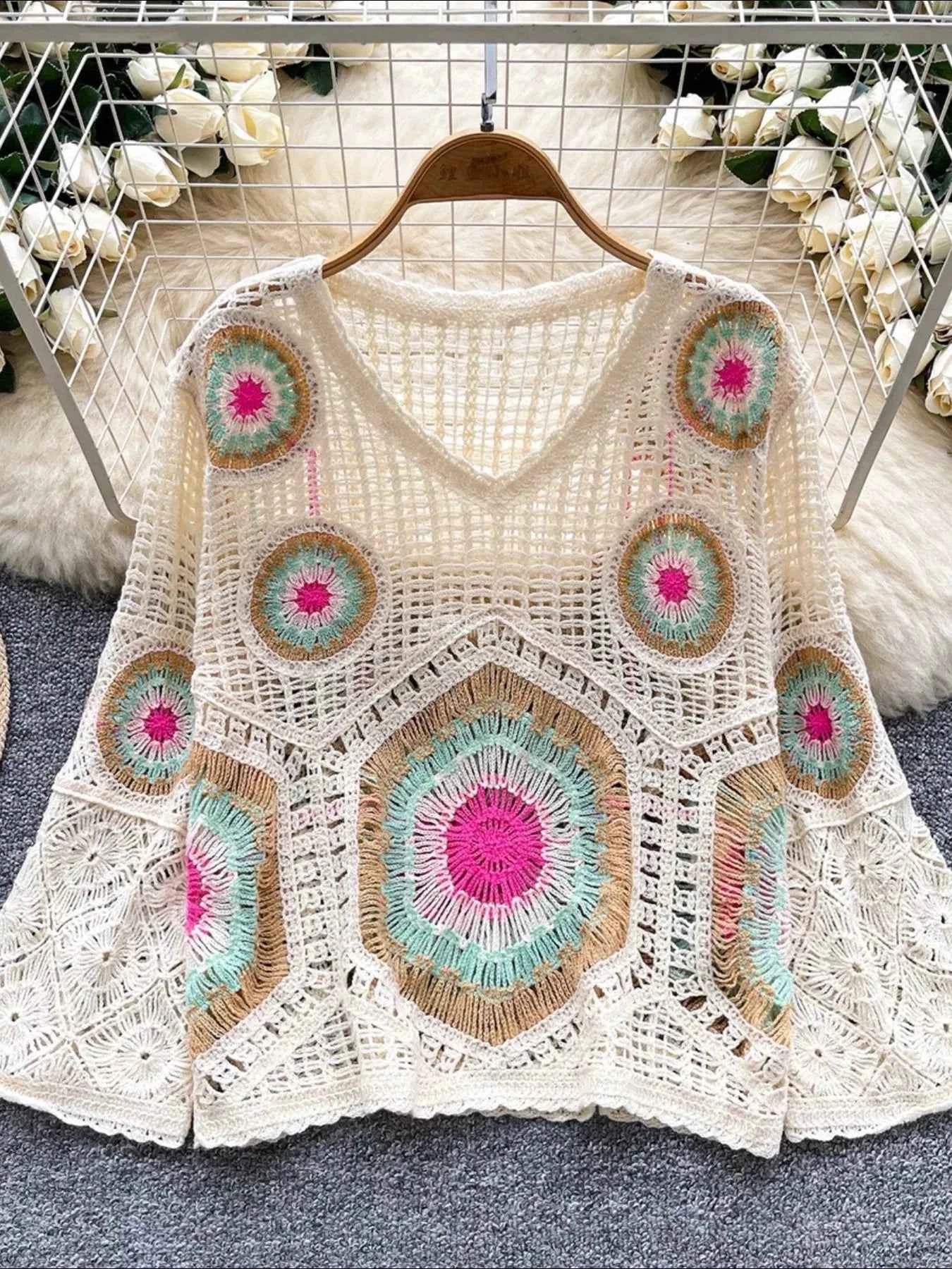 Sarah Express Women's Crochet V-Neck Knit Cover Up - Openwork Beach Cardigan Brown One Size