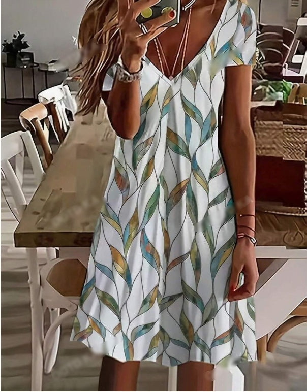 Sarah Express Leaf Print V-Neck A-Line Knee Length Dress