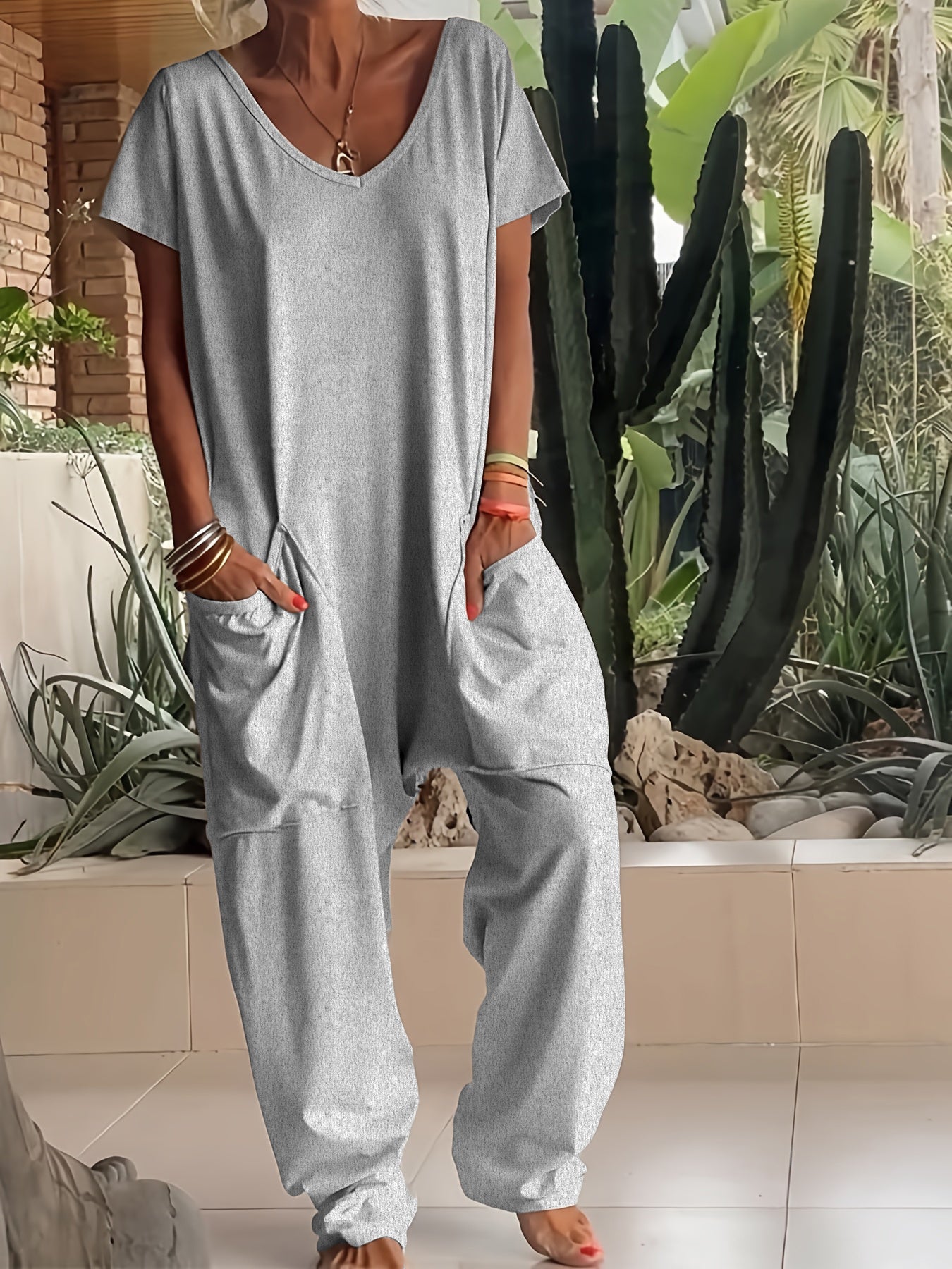 Sarah Express Women's V-Neck Oversized Jumpsuit Quarter Sleeve Pockets Casual Street Style Spring Summer