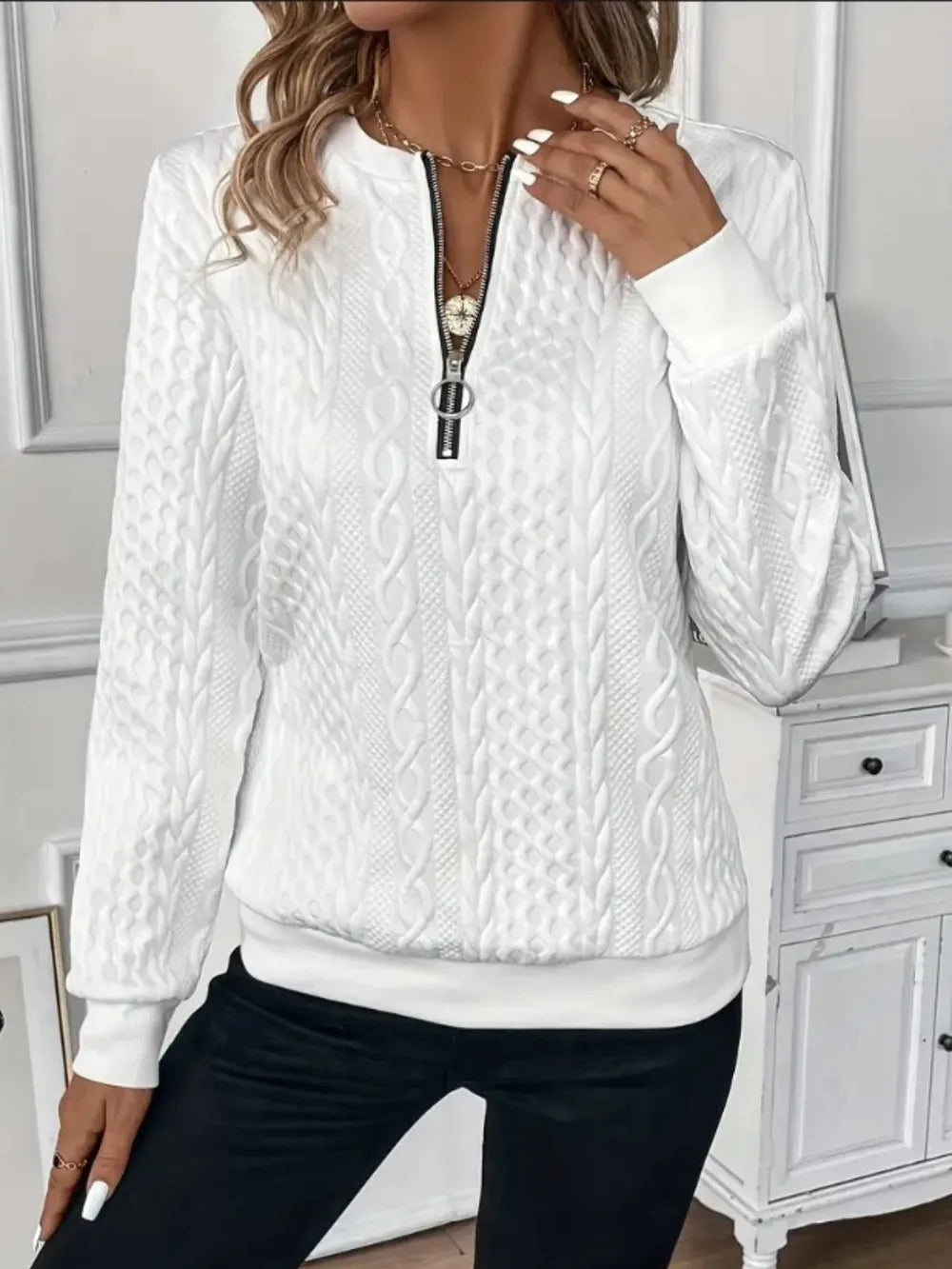 Sarah Express Women's Textured Half Zip Long Sleeve Sweatshirt