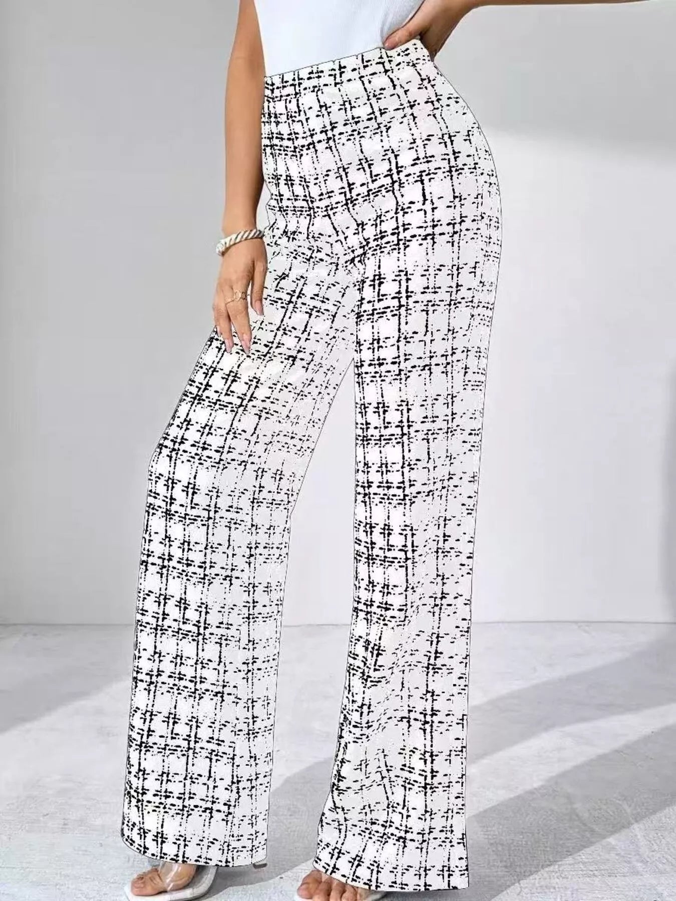 Sarah Express Women's Plaid Wide Leg Pants Ivory