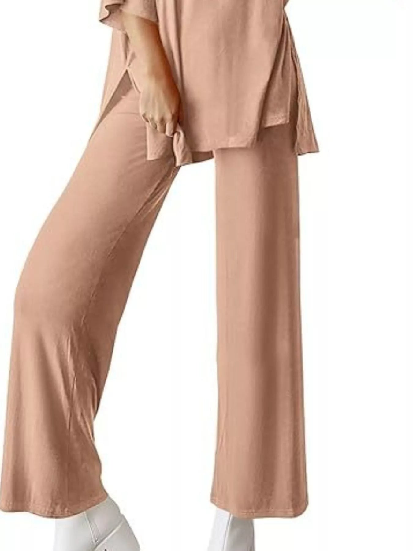 Sarah Express Women's Two Piece Slit Round Neck Top and Pants Set - Casual Loungewear Outfit