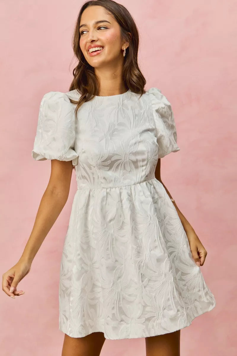 Sarah Express Women's Floral Jacquard Bubble Sleeve Mini Dress