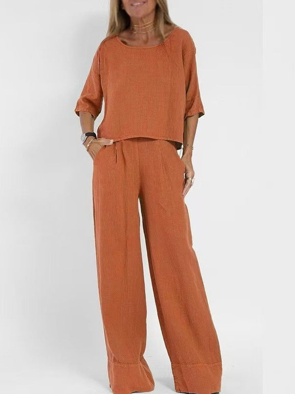Sarah Express Cotton Linen Two-Piece Pants Suit Cropped Sleeve Wide Leg Casual Set