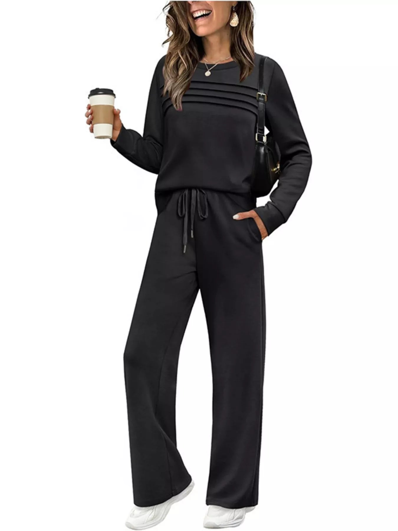 Sarah Express Women's Plus Size Round Neck Long Sleeve Top and Pants Lounge Set - Two Piece Black
