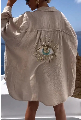 Sarah Express Sequin Beaded Beach Cardigan Shirt Long Sleeve Loose Fit