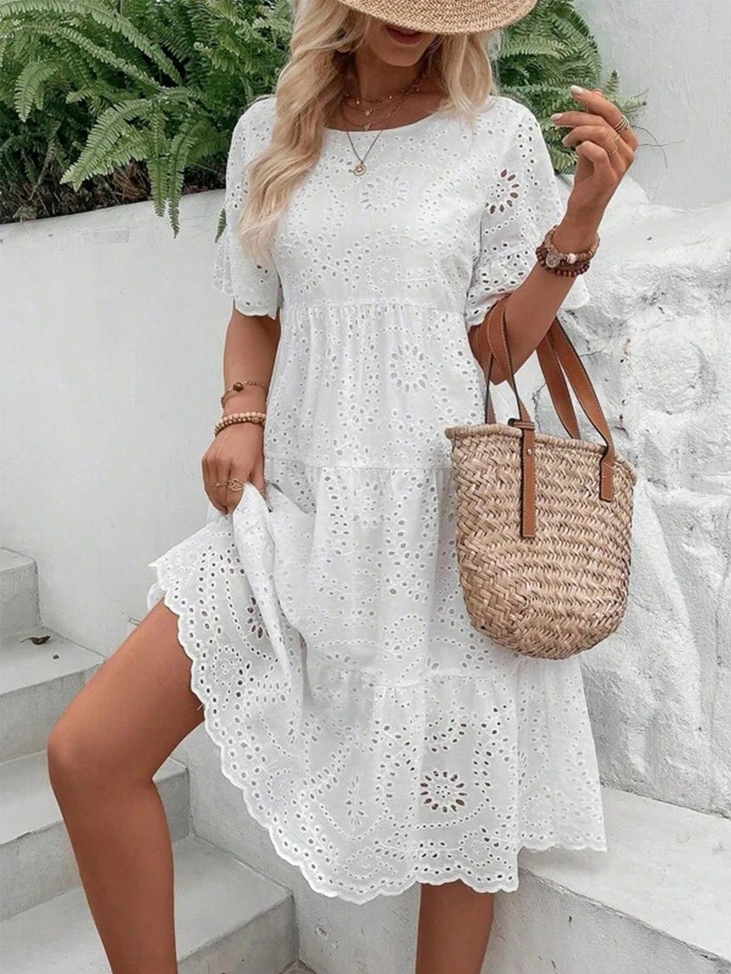 Sarah Express Women's Embroidered Floral Maxi Dress Ruffle Sleeve A-Line White Cotton Blend