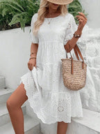Sarah Express Women's Embroidered Floral Maxi Dress Ruffle Sleeve A-Line White Cotton Blend