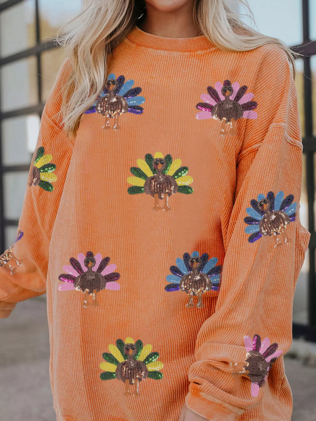 Sarah Express Women's Turkey Graphic Corded Baggy Sweatshirt