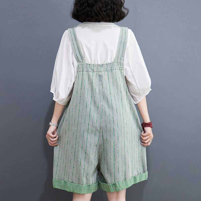Sarah Express Women's Striped Denim Shortalls High Waist Wide Leg - Summer Casual Urban Overalls