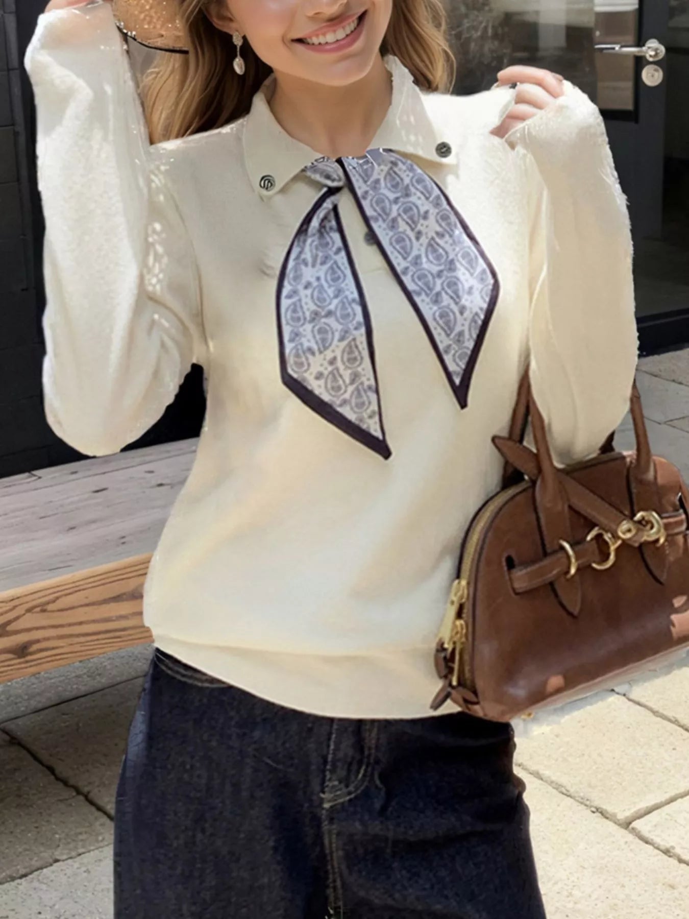 Sarah Express Women's Scarf-Accented Long Sleeve Sweater Beige One Size