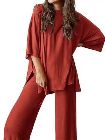Sarah Express Women's Two Piece Slit Round Neck Top and Pants Set - Casual Loungewear Outfit Rust