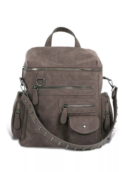 Sarah Express Women's Multi-Pocket Studded Convertible Backpack Bag Brown ONESIZE