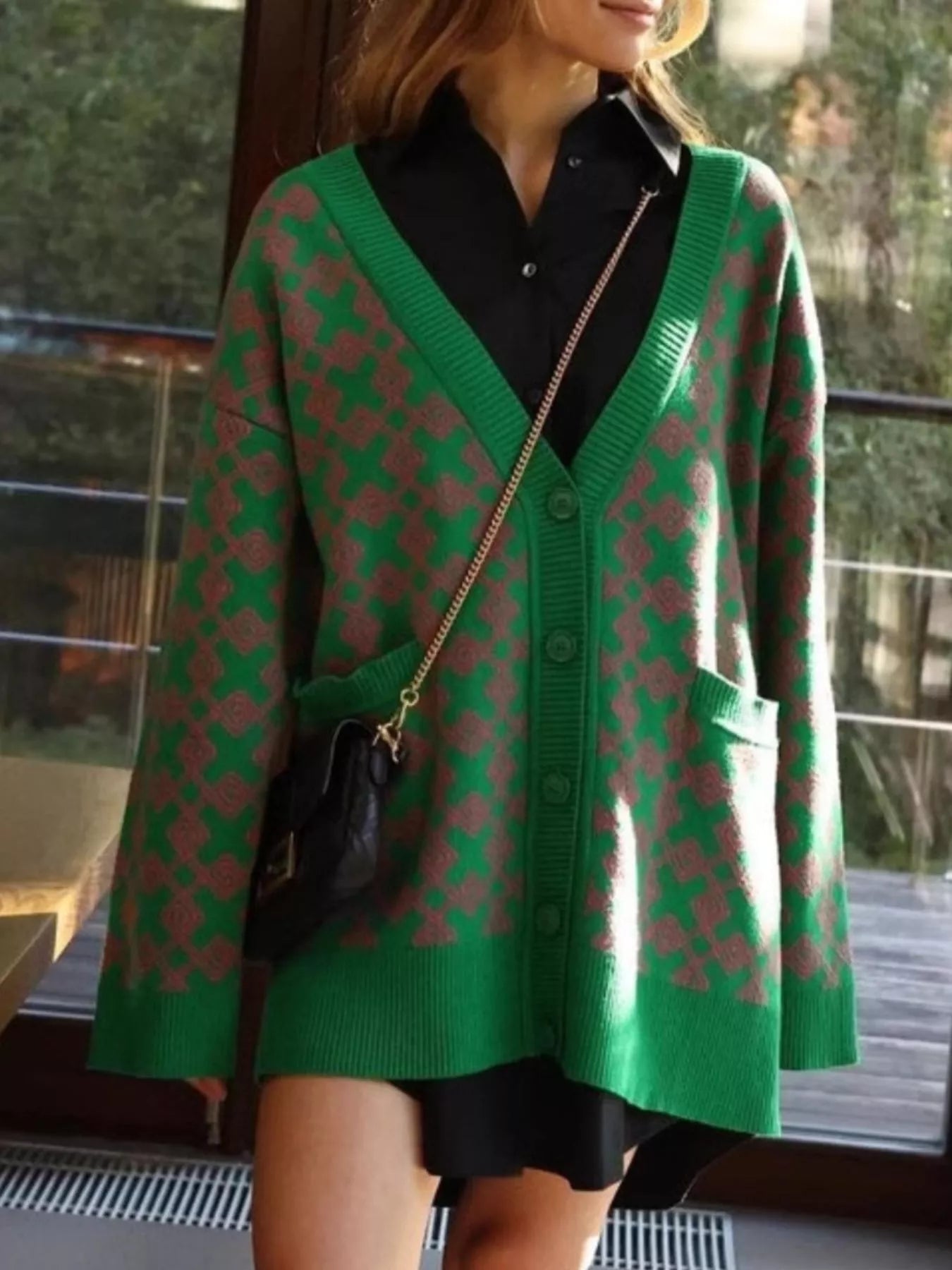 Sarah Express Women's Geometric Pattern Button-Down Cardigan with Pockets