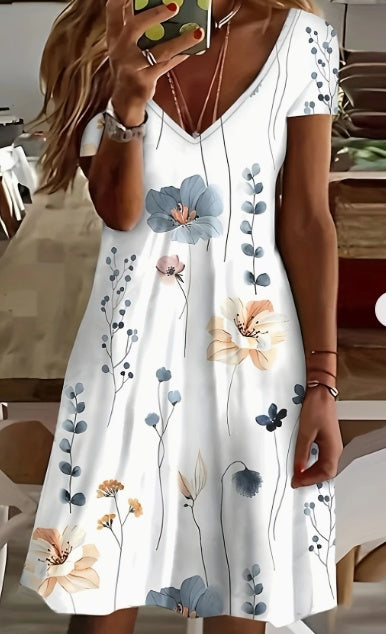 Sarah Express Leaf Print V-Neck A-Line Knee Length Dress